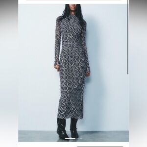 Zara Black Long Sleeve Midi Dress with White Dot Print